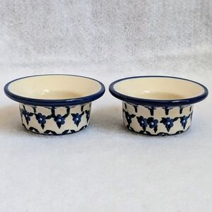 Polish Pottery Tealight Candle Holders with a Blue Flower Design, Set of 2